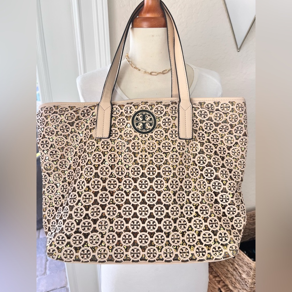 Tory Burch Beige and Black Patterned Tote